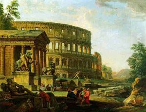 Architectural Capriccio With The Colosseum And The Temple Of Fortuna Virilis by Giovanni Paolo Panini