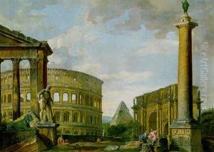 Capriccio Of Rome With The Porticus Of Octavia, The Colosseum, The Pyramid Of Caius Cestius, The Arch Of Constantine, Trajan's Column And The Farnese Hercules by Giovanni Paolo Panini