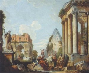 Capriccio Scene With Figures Resting Near A Pool Of Water by Giovanni Paolo Panini