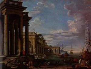 Vue D'un Port Imaginaire Avec Affretement D'un Vaisseau De Guerre by Giovanni Paolo Panini