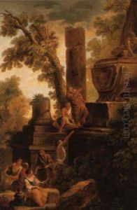 A Philosopher By A Sarcophagus With Other Figures Amongst Ruins by Giovanni Paolo Panini