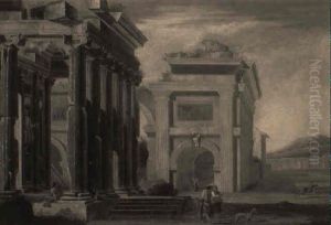 A Capriccio Landscape With Classical Ruins, Figures And Dog In Foreground