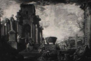 Figures Among The Ruins Of The Roman Forum by Giovanni Paolo Panini