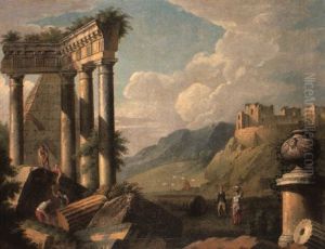 A Capriccio Landscape With Peasants Excavating Classical Ruins by Giovanni Paolo Panini