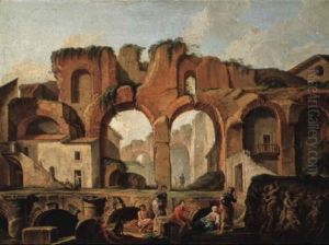 Figures By The Ruins Of The Roman Theater At Benevento by Giovanni Paolo Panini