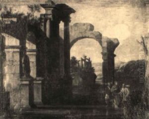 Journey To Emmaus: Figures Before Classical Ruins by Giovanni Paolo Panini