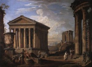 Capriccio Of Classical Ruins With The Maison Carree At Nomes by Giovanni Paolo Panini