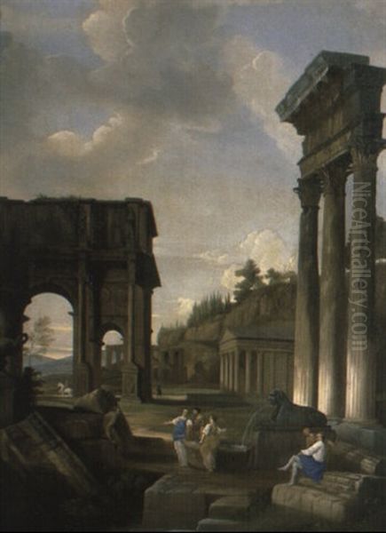 A Capriccio Of Classical Ruins With Peasants Resting By A Fountain - view 1