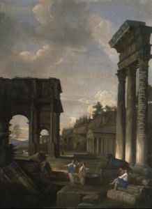 A Capriccio Of Classical Ruins With Peasants Resting By A Fountain by Giovanni Paolo Panini