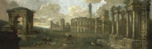 A Capriccio Of Classical Ruins With Peasants Resting Near A Fountain by Giovanni Paolo Panini