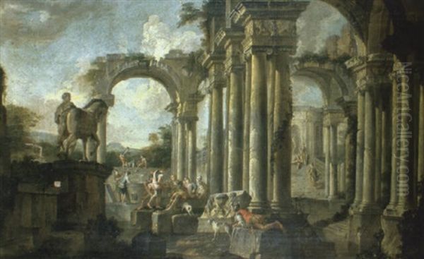 Capriccio Of Classical Ruins With Soldiers At A Pool - view 1