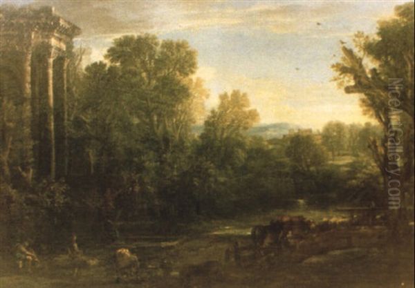 Italienskt Landskap Med Ruin Samt Herdar Med Kor Och Far - view 1