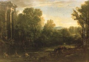 Italienskt Landskap Med Ruin Samt Herdar Med Kor Och Far by Giovanni Paolo Panini