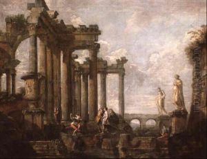 A Classical Architectural Capriccio With Soldiers And Other Figures by Giovanni Paolo Panini