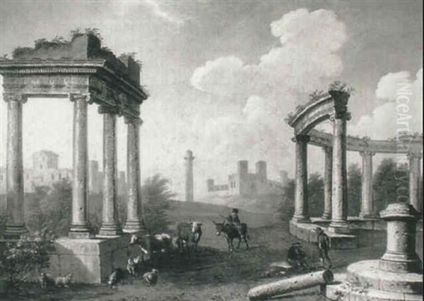 Drovers With Cattle, Goats And Sheep Amongst Classical Ruins - view 1