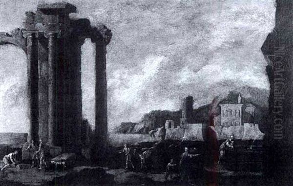 Figures Amidst Classical Ruins With Harbour Beyond - view 1