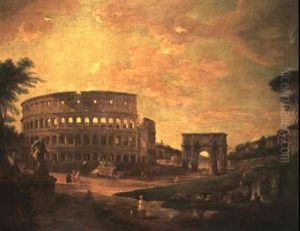Figures Amongst Classical Ruins Before The Colosseum And The Arch Of Constantine by Giovanni Paolo Panini
