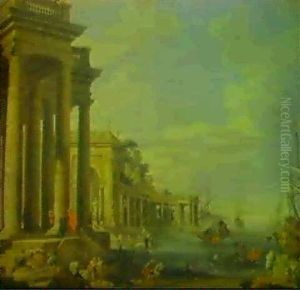 Scene Portuaire Imaginaire Avec Une Double Colonnade Et     L'affretement D'un Vaisseau De Guerre