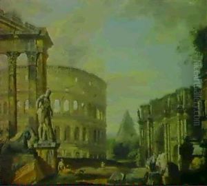 Ruines Antiques Avec Le Colisee... [&] Ruines      Antiques Avec Le Pantheon... by Giovanni Paolo Panini