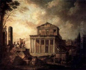 A Group Of Figures In Discussion Amongst Ruins Before The   Temple Of Antonino And Faustina