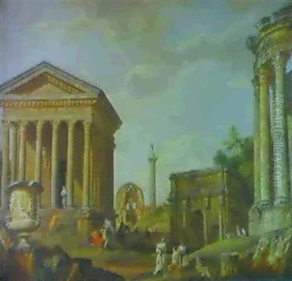 Roman Ruins With The Medici Vase, The Maison Carree At      Nimes, The Temple Of Minerva Medica, Column Of Marcus Aureli - view 1