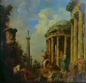 An Apostle Speaking To Figures Gathered Amongst Roman Ruins Before The Temple Of Vesta And Trajan's Column by Giovanni Paolo Panini