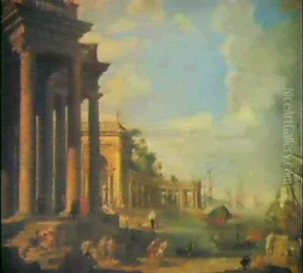 An Imaginary Mediterranean Harbor With A Colonnade And Figures On The Shore - view 1