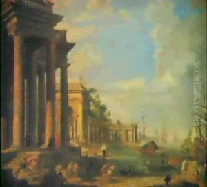 An Imaginary Mediterranean Harbor With A Colonnade And Figures On The Shore by Giovanni Paolo Panini
