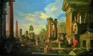 Capriccio Con Rovine Romane E La Statua Di Marco Aurelio by Giovanni Paolo Panini