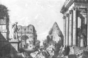 Capriccio Architettonico Con L'arco Di Giano, La Piramide Cestia E Figure by Giovanni Paolo Panini