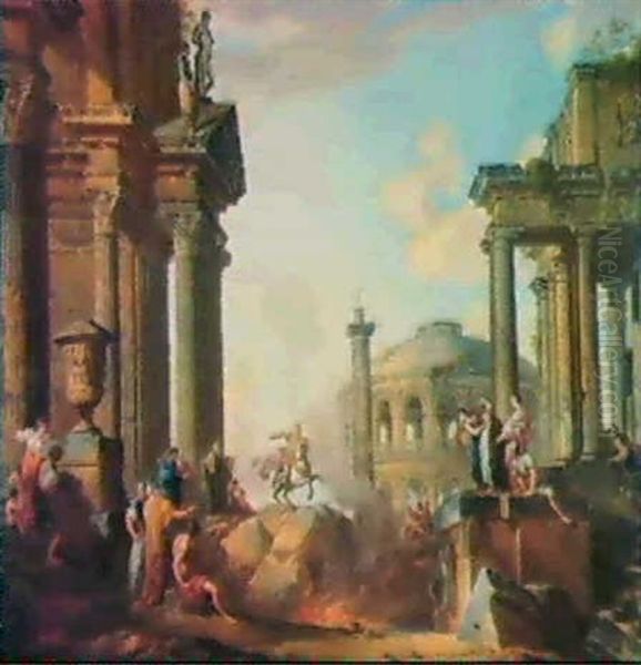 Marcus Curtius Leaping Into The Chasm, A Capriccio With Trajan's Column And Other Classical Buildings Beyond - view 1