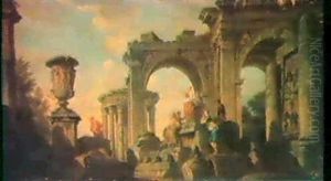 A Capriccio Of Roman Ruins With Figures by Giovanni Paolo Panini