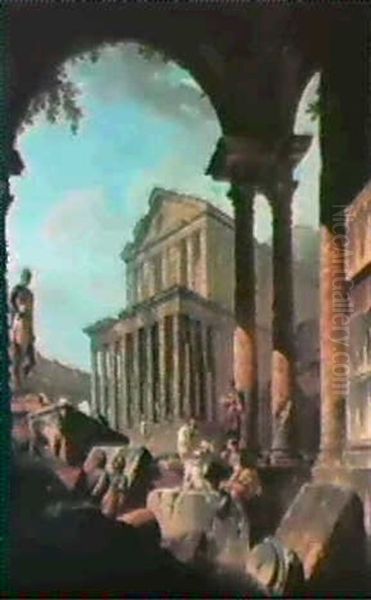 A Capriccio Of A Classical Temple Seen Through A Loggia     With A Philosopher Disputing With A Soldier - view 1