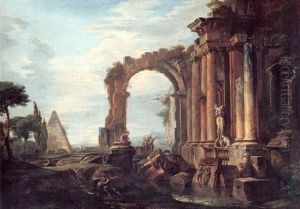 A Capriccio Of Classical Ruins With The Pyramid Of Cestius And Figures In A Landscape by Giovanni Paolo Panini