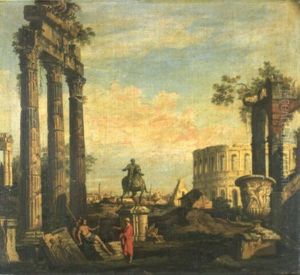 Capriccio Of Roman Ruins With The Temple Of Dioscuri And Soldiers by Giovanni Paolo Panini