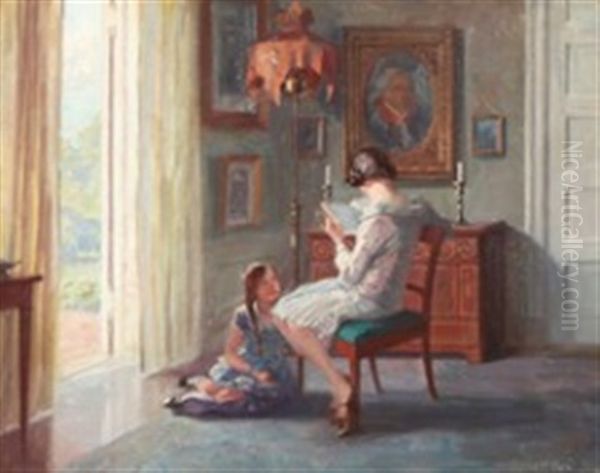 Living Interior With Two Girls Reading - view 1