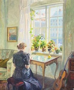 Interior With A Woman Reading At A Window by Robert Panitzsch