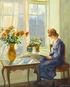 Interior With Reading Woman In A Sunny Room by Robert Panitzsch