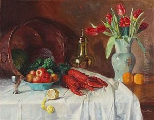 Still Life With Tulips, Lobster And Fruits On A Table With A White Tablecloth by Robert Panitzsch