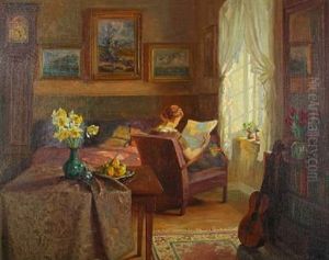 Interior With Reading Woman By The Window by Robert Panitzsch