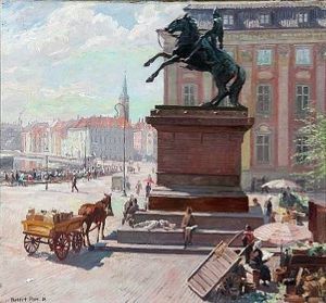 Summer Day At Hojbro Plads With Flower Sellers, In The Background Fishermen's Wife Selling Fish Along Gl. Strand
