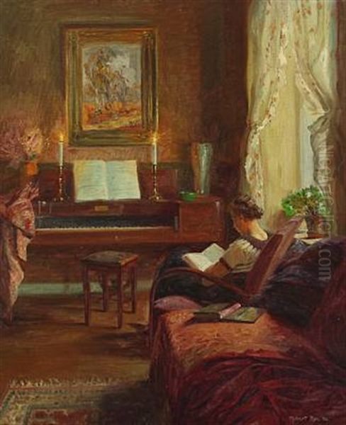 Interior With A Woman Reading In An Armchair by Robert Panitzsch