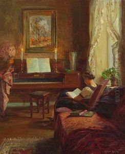 Interior With A Woman Reading In An Armchair by Robert Panitzsch