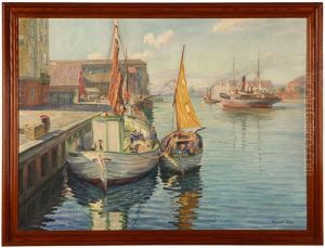Danish Harbor With Boats And Figures by Robert Panitzsch