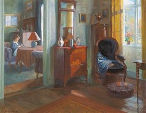 Biedermeier Interieur Mit Junger Frau Am Fenster