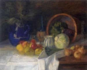 Apples In A Glass Bowl, Fern Leaves In A Jug, A Wine Bottle, Two Glasses, A Striped Jug, An Upturned Copper Bowl, Cabbages, Onions And Other Green Vegetable On A Draped Table by Robert Panitzsch