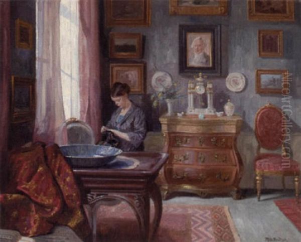 Interior Med Kunstnerens Hustru I Faerd Med At Sy Ved Vinduet - view 1