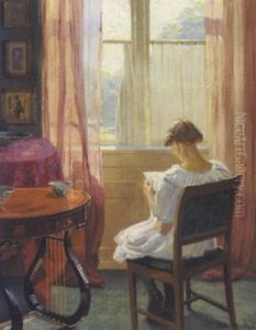 Interior Med Laesende Pige Ved Solbeskinnet Vindue by Robert Panitzsch