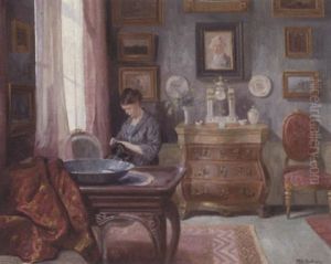 Interior Med Kunstnerens Hustru I Faered Med At Sy Ved Vinduet Interior Med Kunstnerens Hustru I Faered Med At Sy Ved Vinduet
