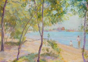 Figures In A Summer Lake Landscape by Robert Panitzsch
